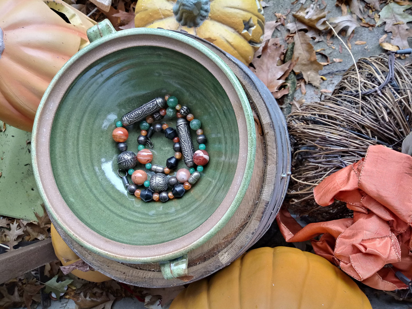 Red and Green Agate Necklace with Gokstat style Metal Beads