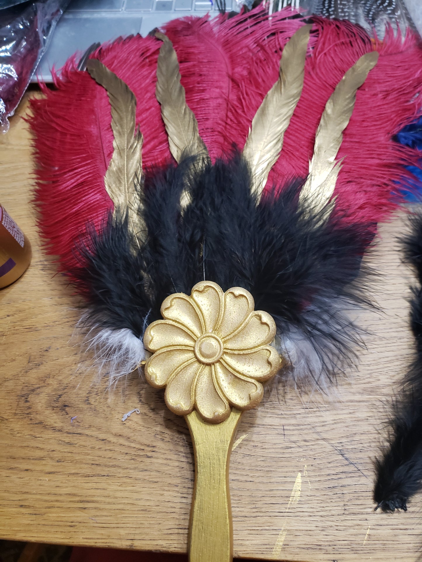 Large Gilded Fan, 3 Layers Of Feathers
