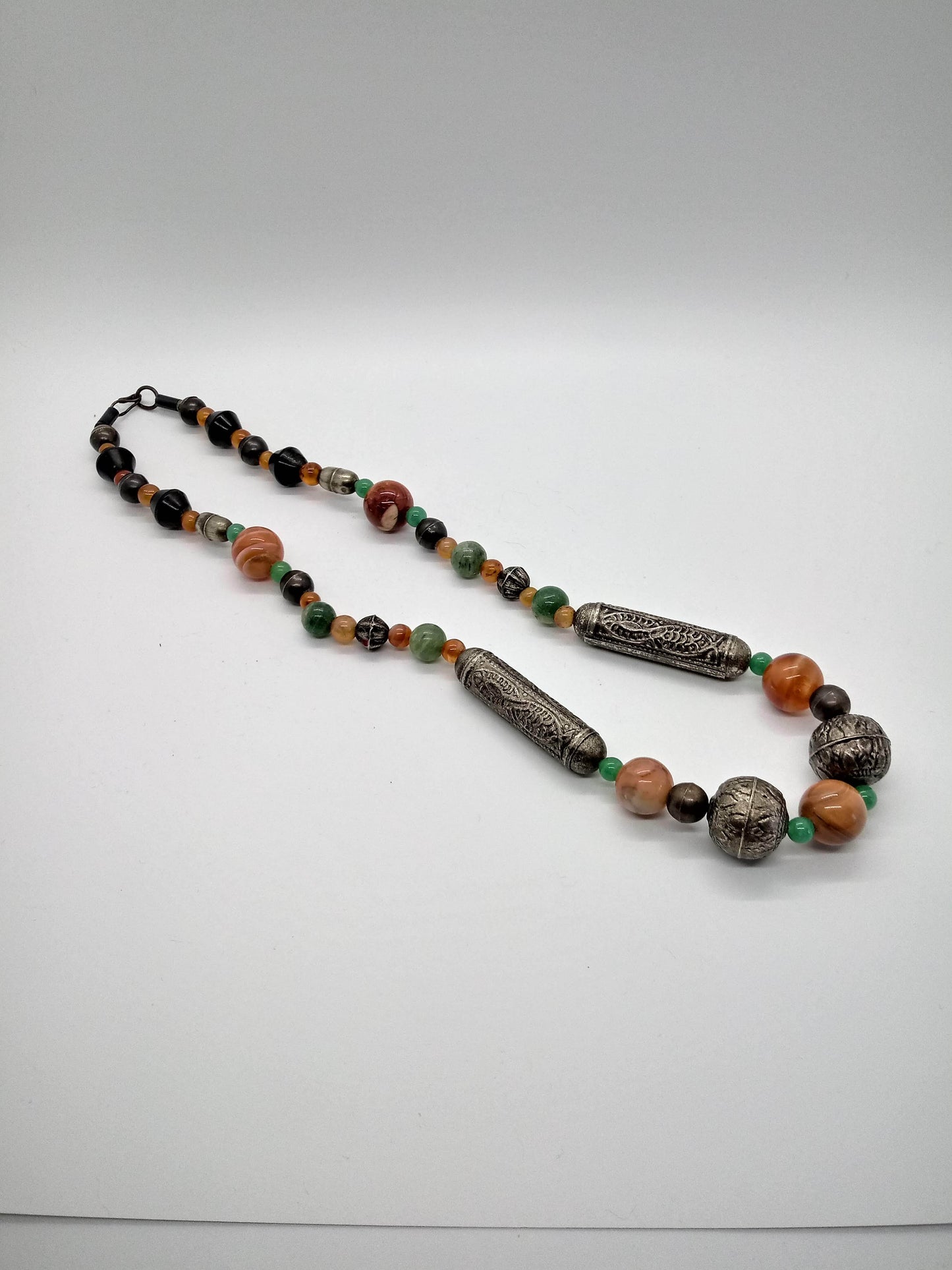 Red and Green Agate Necklace with Gokstat style Metal Beads