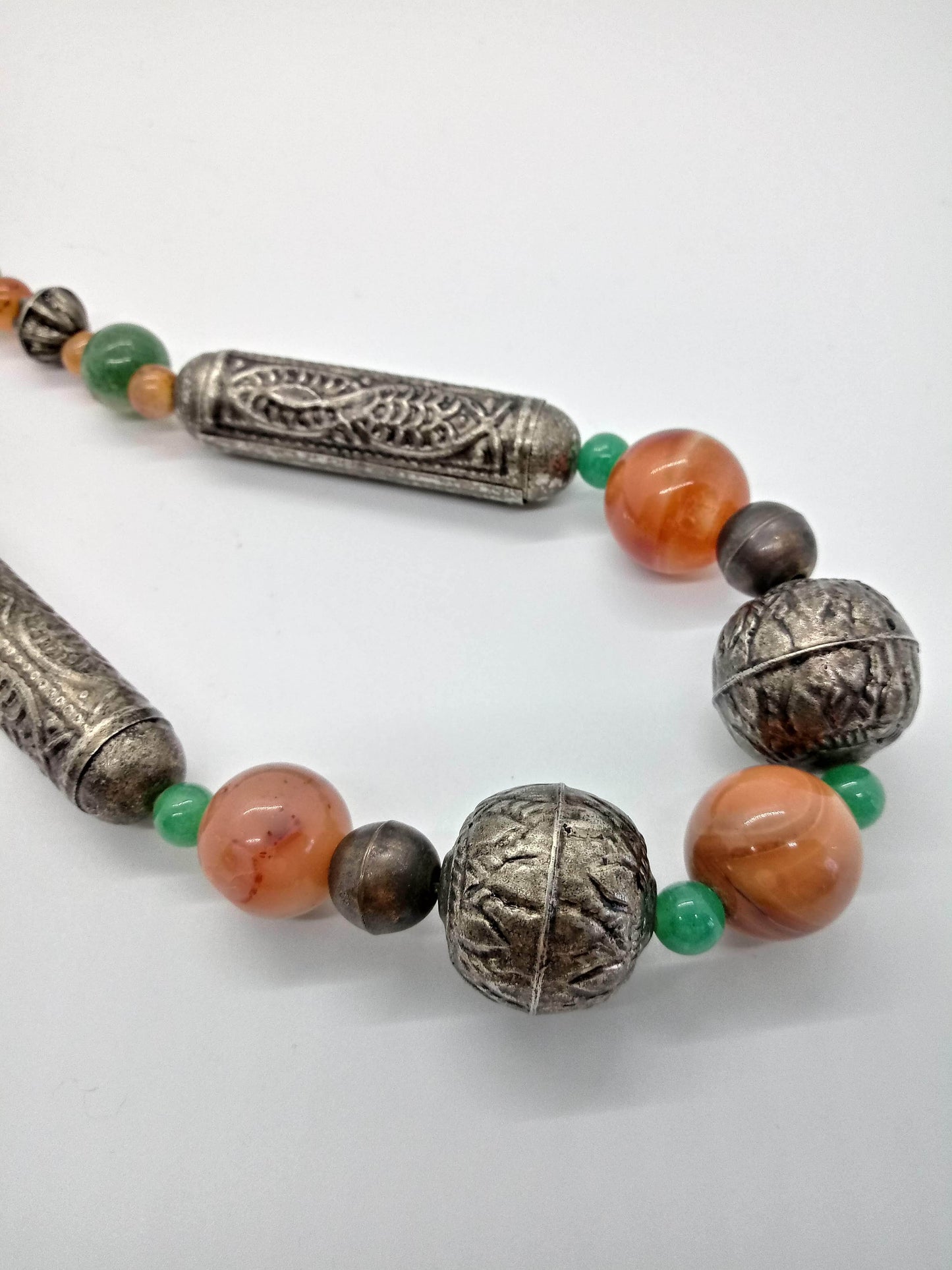 Red and Green Agate Necklace with Gokstat style Metal Beads