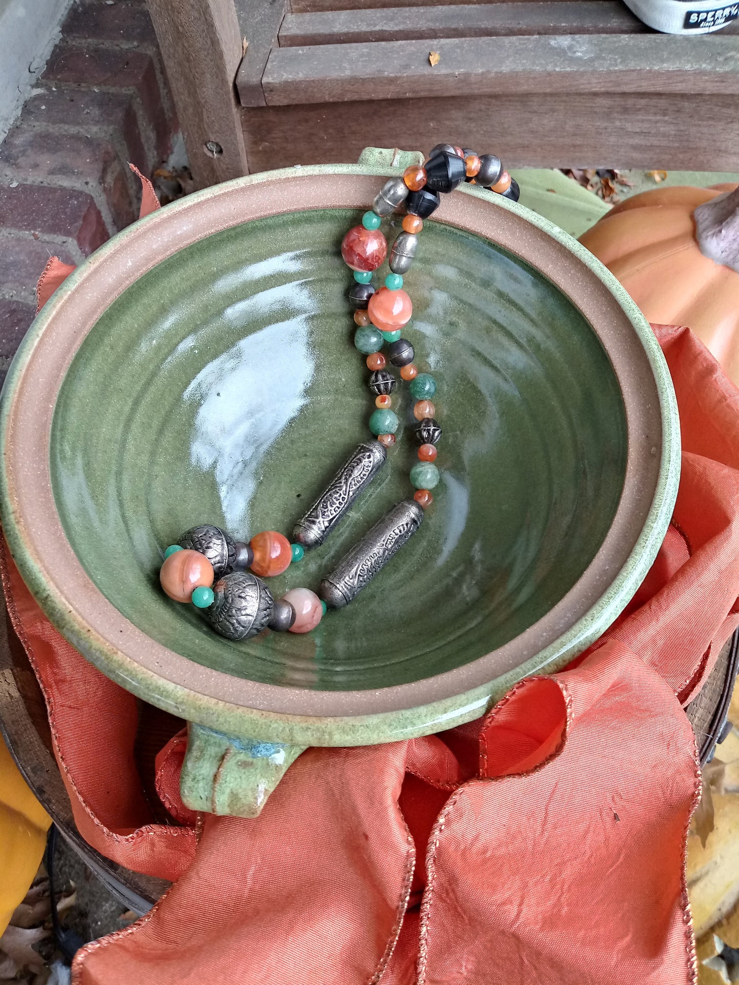 Red and Green Agate Necklace with Gokstat style Metal Beads