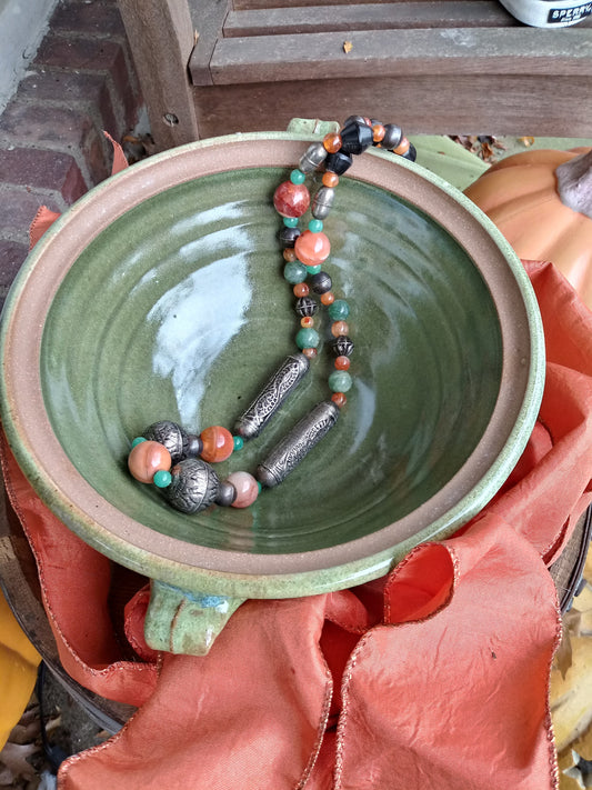 Red and Green Agate Necklace with Gokstat style Metal Beads
